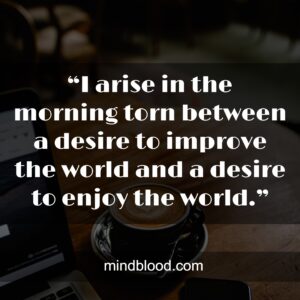 “I arise in the morning torn between a desire to improve the world and a desire to enjoy the world.”
