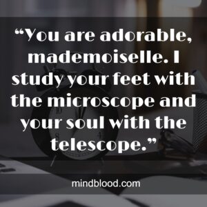 “You are adorable, mademoiselle. I study your feet with the microscope and your soul with the telescope.”