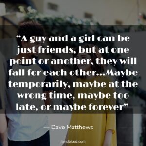 “A guy and a girl can be just friends, but at one point or another, they will fall for each other…Maybe temporarily, maybe at the wrong time, maybe too late, or maybe forever” 
