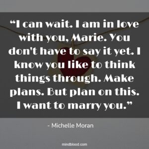 “I can wait. I am in love with you, Marie. You don't have to say it yet. I know you like to think things through. Make plans. But plan on this. I want to marry you.”