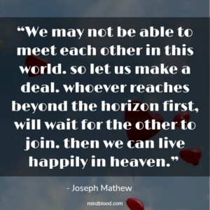 “We may not be able to meet each other in this world. so let us make a deal. whoever reaches beyond the horizon first, will wait for the other to join. then we can live happily in heaven.” 