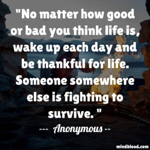No matter how good or bad you think life is, wake up each day and be thankful for life. Someone somewhere else is fighting to survive.